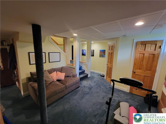 exercise room with carpet flooring, recessed lighting, and baseboards