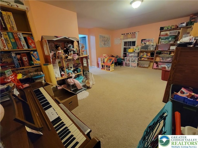 recreation room with carpet flooring