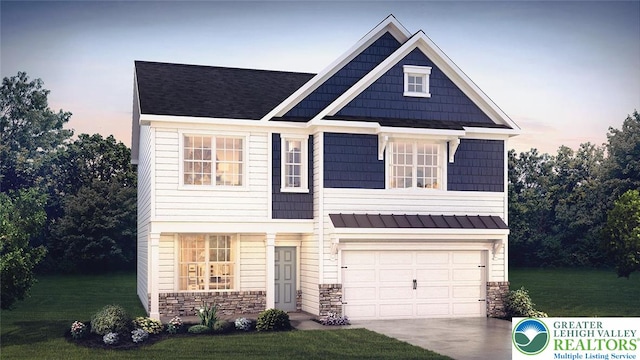 313 Knollwood Dr, Forks Twp, PA 18040 - craftsman house with stone siding, a standing seam roof, concrete driveway, and a lawn