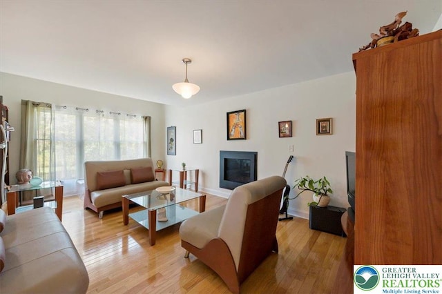 living room with baseboards, light wood finished floors, and a glass covered fireplace