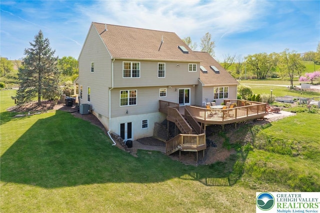 2735 Limeport Rd, Milford Twp, PA 18951 - rear view of property with french doors, central AC, stairway, a wooden deck, and a lawn