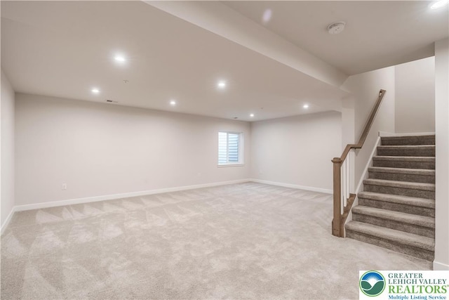 1022 Watson Ct, Upper Macungie Twp, PA 18051 - below grade area with recessed lighting, stairs, light colored carpet, and baseboards
