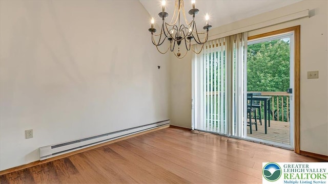 838 Cayuga Way, Stroud Twp, PA 18360 - empty room with a baseboard radiator, a chandelier, and wood finished floors