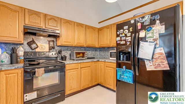 838 Cayuga Way, Stroud Twp, PA 18360 - kitchen featuring black appliances, under cabinet range hood, tasteful backsplash, and light countertops