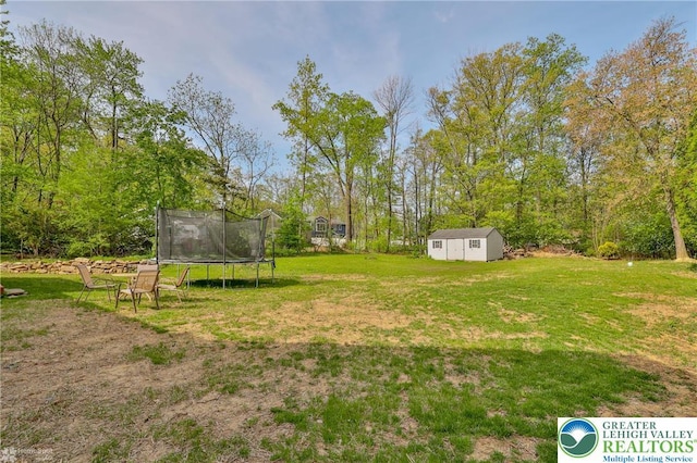view of yard with a trampoline, an outbuilding, and a shed