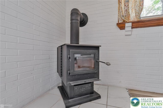 room details featuring a wood stove