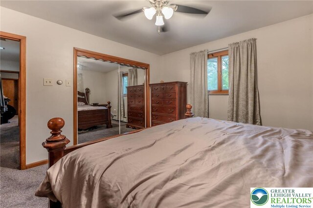 1804 Long Run Rd, Pa, PA 17972 - bedroom featuring a ceiling fan, a closet, a baseboard heating unit, baseboards, and carpet floors