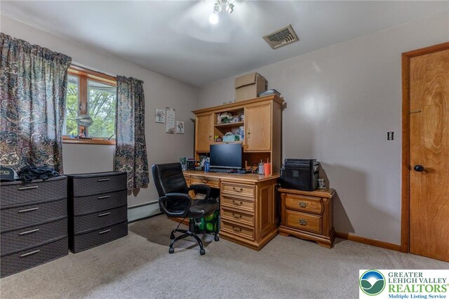 1804 Long Run Rd, Pa, PA 17972 - office area featuring light colored carpet, ceiling fan, visible vents, and a baseboard heating unit