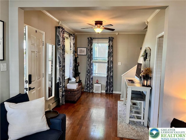 entryway with ornamental molding, wood finished floors, ceiling fan, baseboards, and baseboard heating