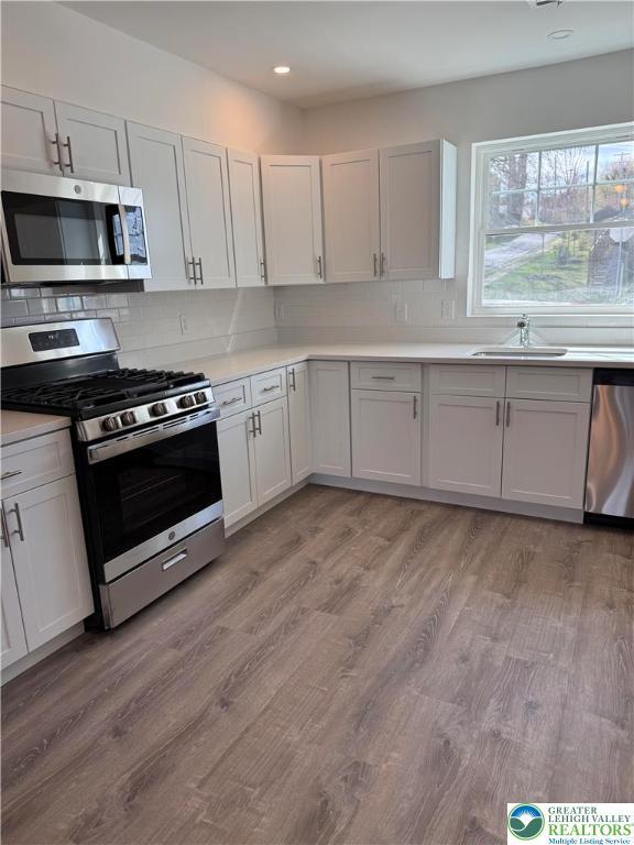 419 W Lincoln, Easton, PA 18042 - kitchen with light countertops, stainless steel appliances, decorative backsplash, and a sink
