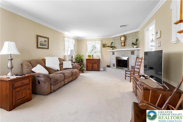 living room featuring light carpet, a fireplace, visible vents, and ornamental molding