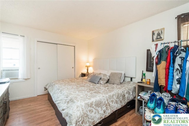 1231 Kensington Dr, Stroud Twp, PA 18301 - bedroom featuring multiple windows, cooling unit, light wood finished floors, and a closet