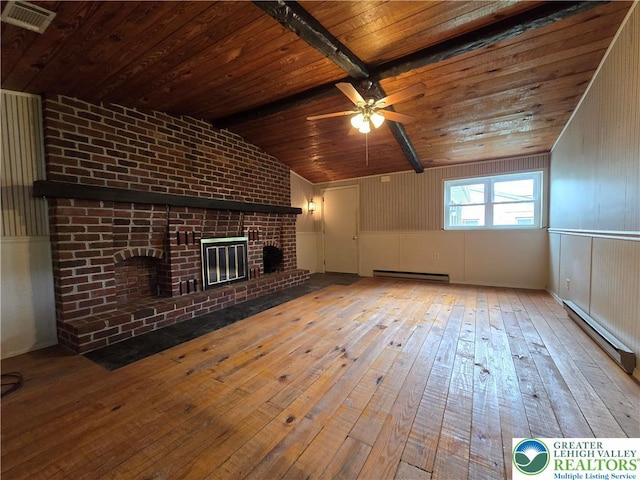 unfurnished living room featuring a ceiling fan, a baseboard radiator, wood ceiling, and hardwood / wood-style flooring