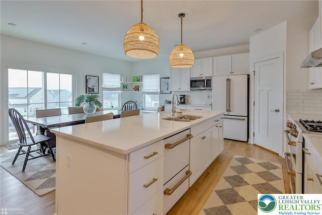 kitchen featuring light wood-style flooring, a sink, high quality appliances, white cabinetry, and decorative backsplash