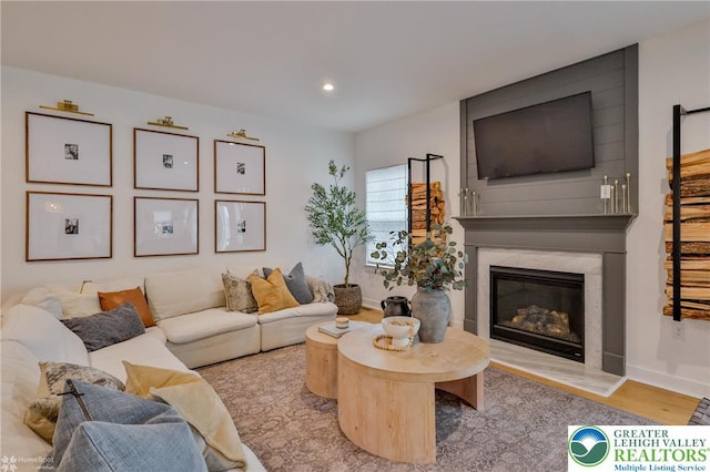 living area featuring wood finished floors, a premium fireplace, and recessed lighting