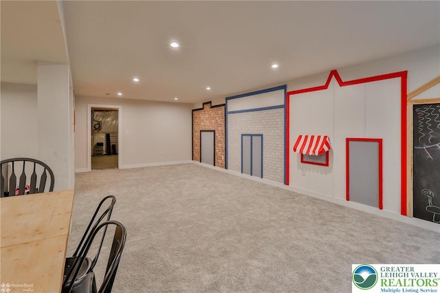 game room featuring a fireplace, carpet flooring, and recessed lighting