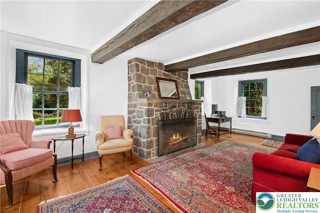 8043 Richlandtown Rd, East Rockhill Twp, PA 18951 - living room featuring a fireplace, hardwood / wood-style flooring, and beam ceiling