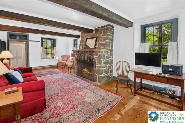 8043 Richlandtown Rd, East Rockhill Twp, PA 18951 - living room featuring plenty of natural light, baseboard heating, beamed ceiling, hardwood / wood-style flooring, and a fireplace