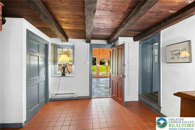 8043 Richlandtown Rd, East Rockhill Twp, PA 18951 - tiled entryway featuring wood ceiling, a baseboard heating unit, and beamed ceiling