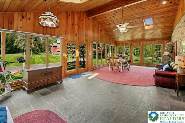8043 Richlandtown Rd, East Rockhill Twp, PA 18951 - sunroom / solarium with a skylight, french doors, stone tile flooring, wooden walls, and wood ceiling
