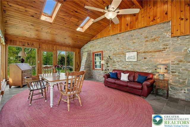 8043 Richlandtown Rd, East Rockhill Twp, PA 18951 - dining room featuring high vaulted ceiling, wood ceiling, ceiling fan, a skylight, and wooden walls