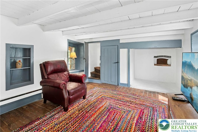 8043 Richlandtown Rd, East Rockhill Twp, PA 18951 - living area with wood finished floors, stairs, beam ceiling, and a baseboard heating unit