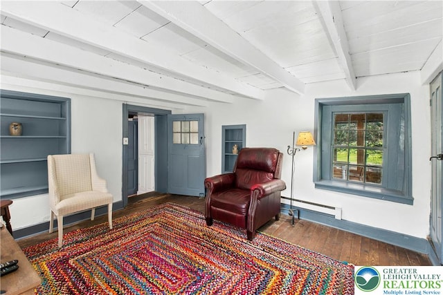 8043 Richlandtown Rd, East Rockhill Twp, PA 18951 - sitting room featuring a baseboard radiator, wood-type flooring, baseboards, and beam ceiling