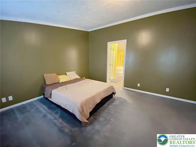 bedroom with baseboards, ornamental molding, carpet floors, and connected bathroom
