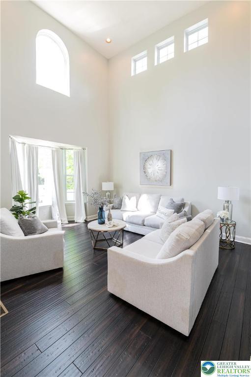 living area with a towering ceiling and dark wood-style flooring