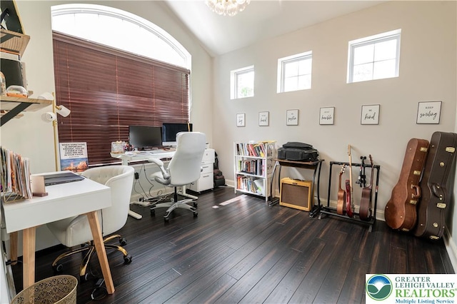 office space with wood-type flooring, baseboards, and lofted ceiling