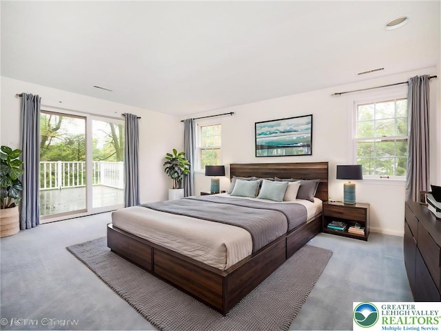 bedroom featuring access to exterior and carpet floors