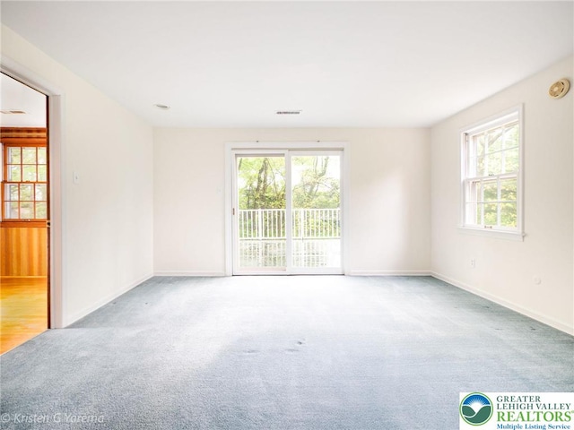 empty room featuring carpet floors, plenty of natural light, and baseboards