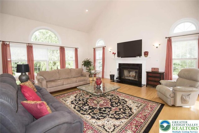 2690 Greens Dr, Lower Saucon Twp, PA 18055 - living area featuring wood finished floors, healthy amount of natural light, a fireplace with flush hearth, and high vaulted ceiling