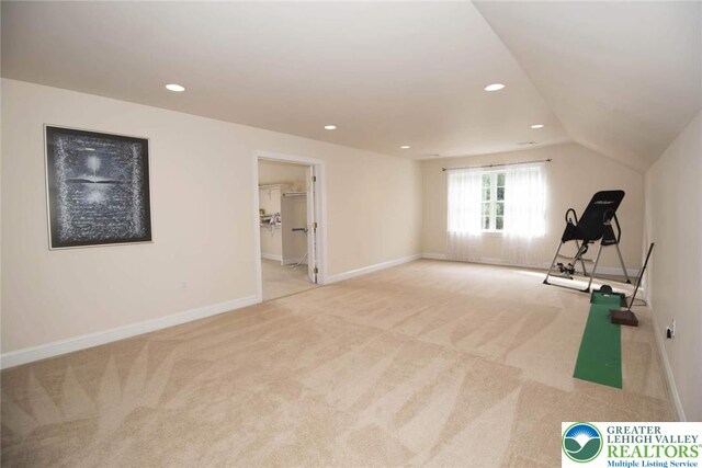 2690 Greens Dr, Lower Saucon Twp, PA 18055 - workout room with light carpet, baseboards, recessed lighting, and vaulted ceiling