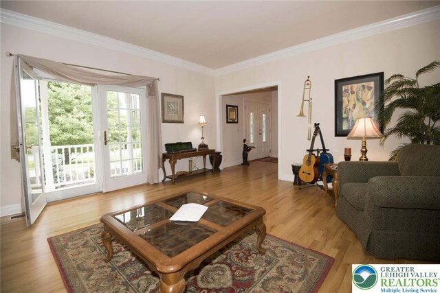 2690 Greens Dr, Lower Saucon Twp, PA 18055 - living room featuring ornamental molding, light wood-type flooring, and baseboards