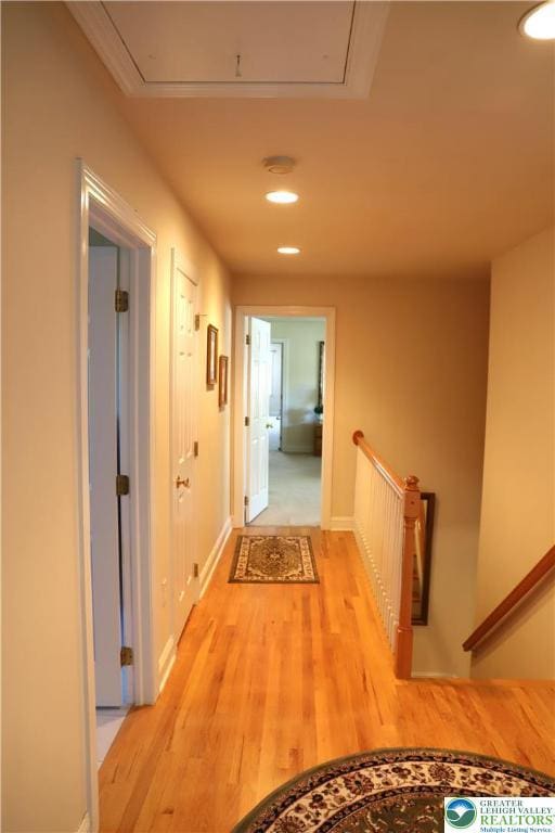 2690 Greens Dr, Lower Saucon Twp, PA 18055 - corridor with light wood-style flooring, attic access, an upstairs landing, recessed lighting, and baseboards