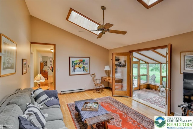 1245 Valley View Dr, Lower Macungie Twp, PA 18103 - living area with a baseboard radiator, vaulted ceiling, light wood finished floors, ceiling fan, and baseboards