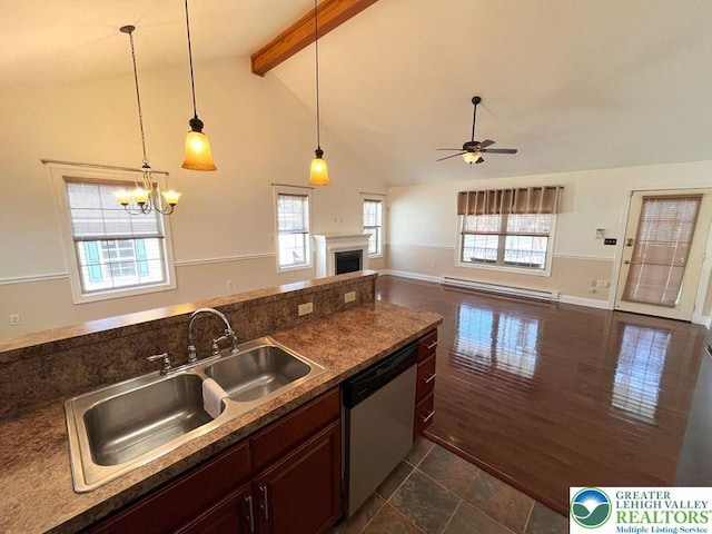 kitchen featuring dishwasher, a sink, a ceiling fan, beam ceiling, and a baseboard heating unit