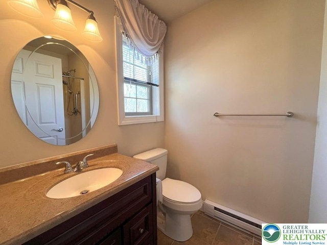full bath with a baseboard radiator, toilet, vanity, tile patterned floors, and a shower