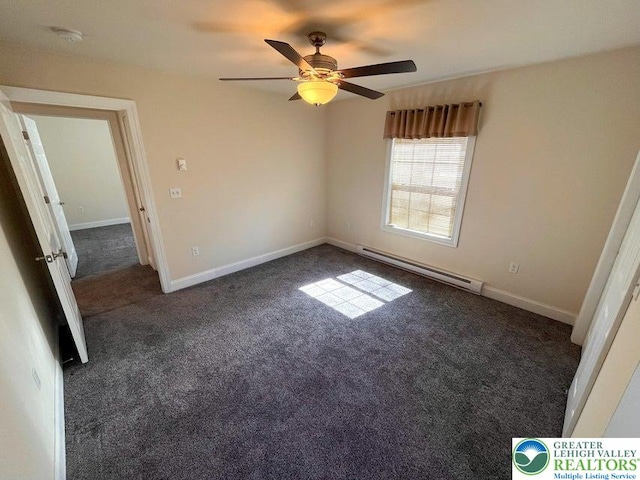unfurnished bedroom with a baseboard heating unit, carpet flooring, a ceiling fan, and baseboards
