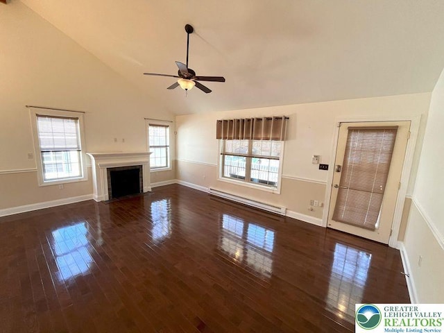 unfurnished living room featuring baseboard heating, ceiling fan, a fireplace with flush hearth, hardwood / wood-style floors, and high vaulted ceiling