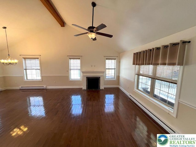 unfurnished living room featuring a baseboard radiator, ceiling fan, dark wood-style flooring, a chandelier, and a fireplace with flush hearth