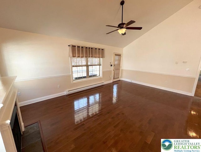 unfurnished living room with baseboard heating, baseboards, healthy amount of natural light, and high vaulted ceiling