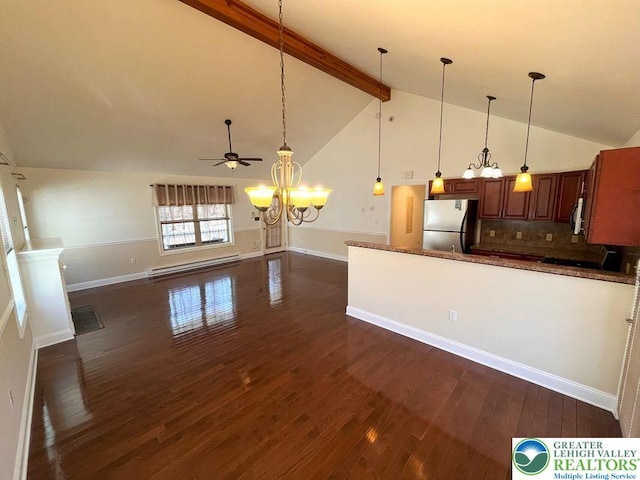 kitchen featuring freestanding refrigerator, dark wood finished floors, a chandelier, beamed ceiling, and a ceiling fan