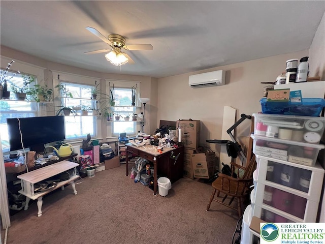 carpeted office space with a wall mounted air conditioner and a ceiling fan