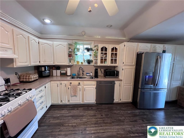 kitchen featuring appliances with stainless steel finishes, a sink, ceiling fan, light countertops, and white cabinetry