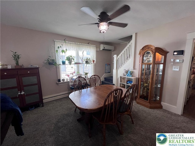 carpeted dining room featuring an AC wall unit, a baseboard radiator, stairway, a ceiling fan, and baseboards