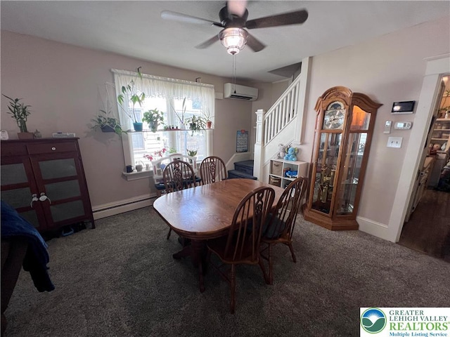 dining space with an AC wall unit, a baseboard heating unit, stairway, carpet, and ceiling fan