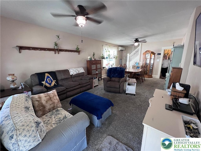 carpeted living area featuring ceiling fan, a wall unit AC, and arched walkways