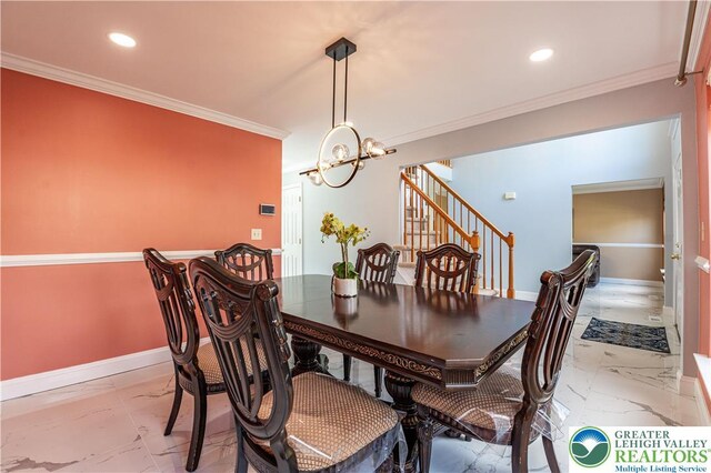 dining room featuring light marble finish flooring, ornamental molding, stairs, recessed lighting, and a chandelier